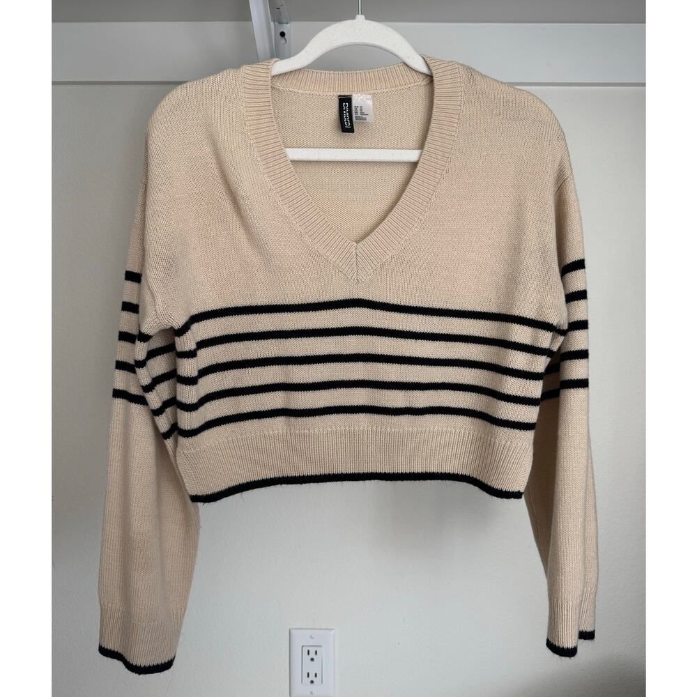 Divided Cropped V-Neck Sweater Cream Navy Size‎ XS
